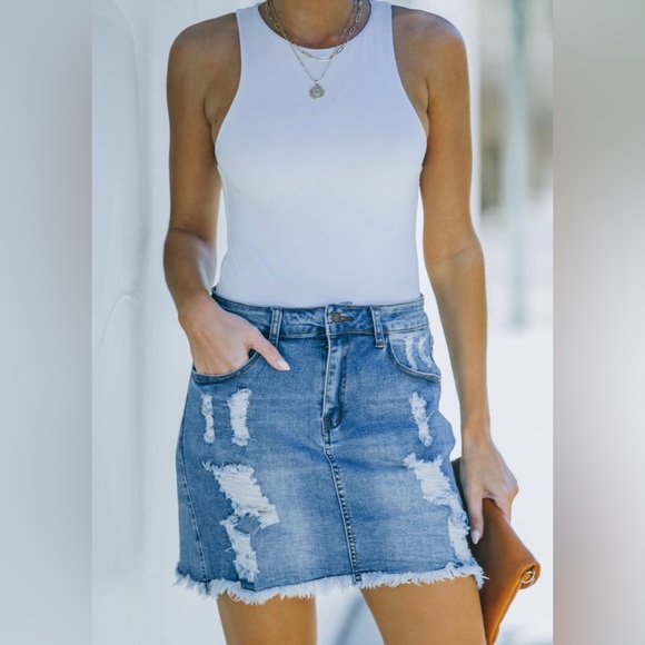 Dresses & Skirts - Denim Distressed Raw Hem Mini Skirt